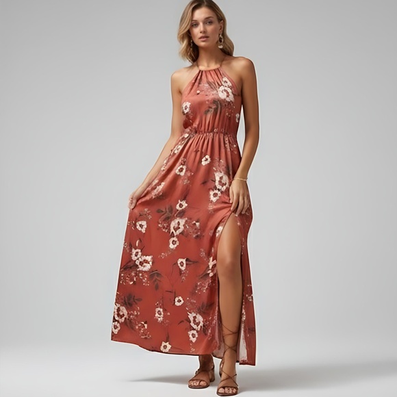 Redwood Floral Print Crisscross Backless Split Thigh Halter Dress - Picture 1 of 8